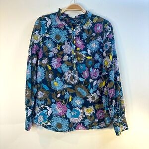 Talbots Floral Long Sleeve Sz S 100% Cotton Blue Multicolor Ruffle High Neck